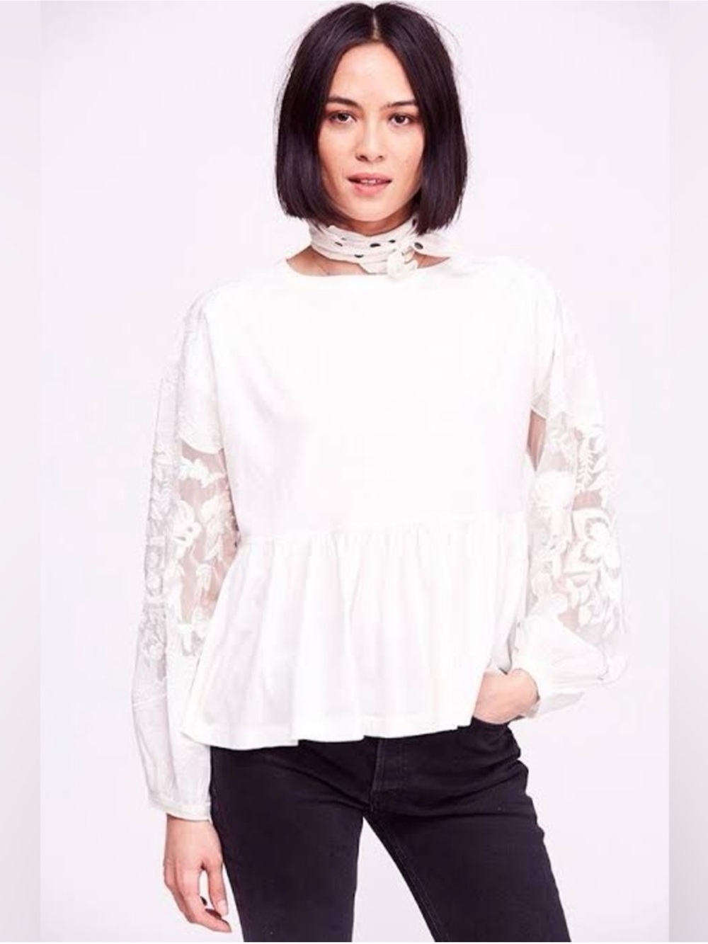 Free People White Peplum Top with Sheer Lace Sleeves